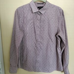 Womens Long sleeves button up burgundy white stripe dot shirt 10P preppy Office